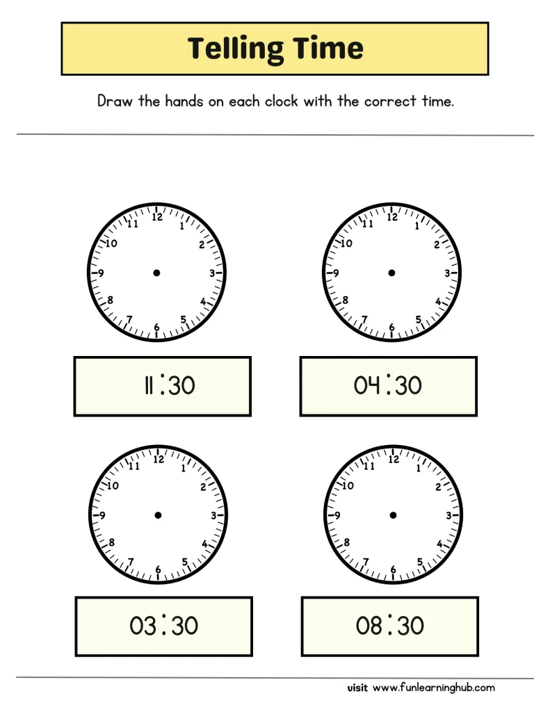 draw clock hands worksheets