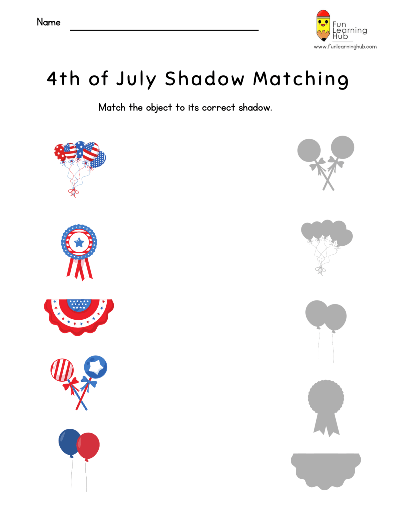 free independence shadow match worksheets