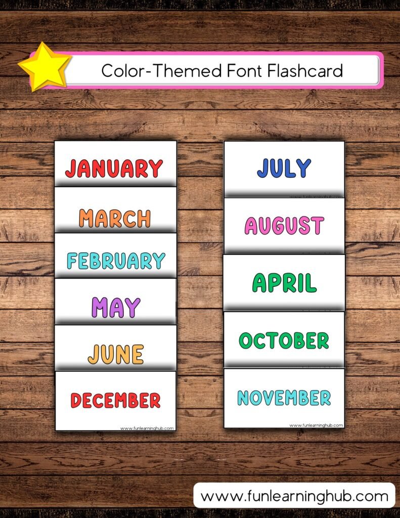 Free Printable Months of the Year Flashcards 11 Color-Themed Font Months of the Year Flashcards
