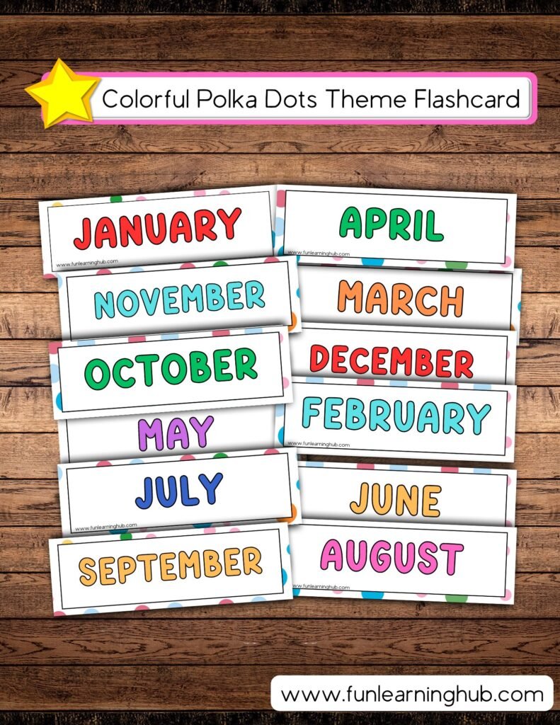 Free Printable Months of the Year Flashcards 4 Colorful Dots Theme Months of the Year Flashcards
