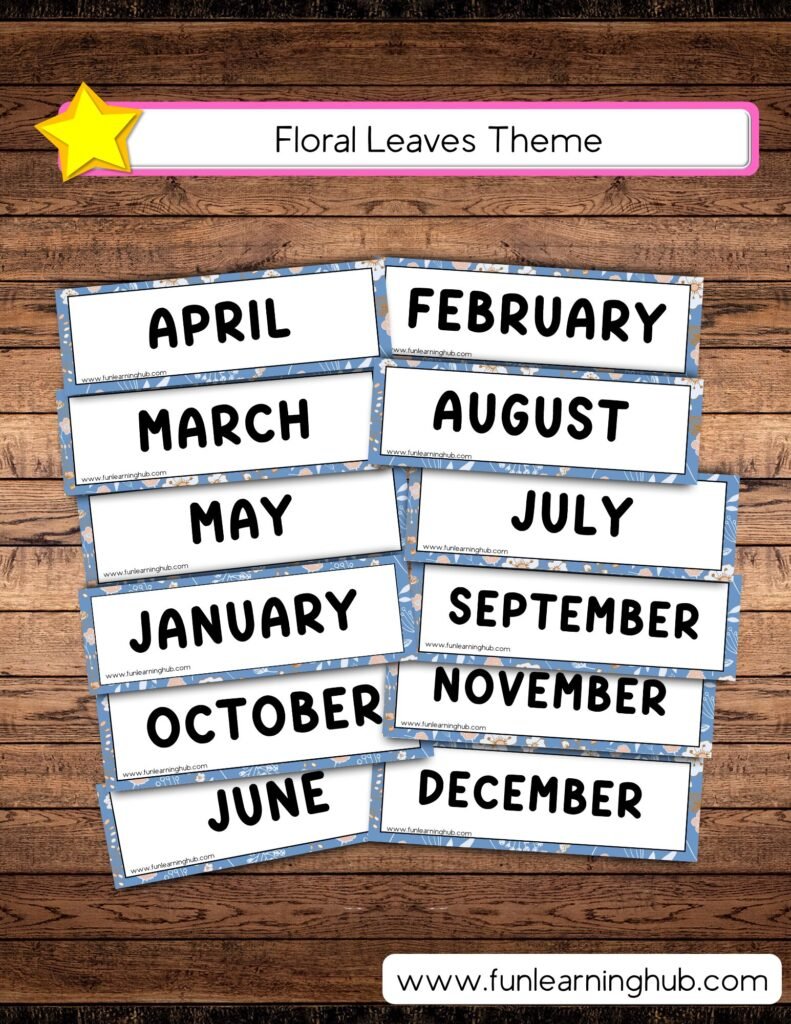 Free Printable Months of the Year Flashcards 7 Floral Leaves Months of the Year Flashcards