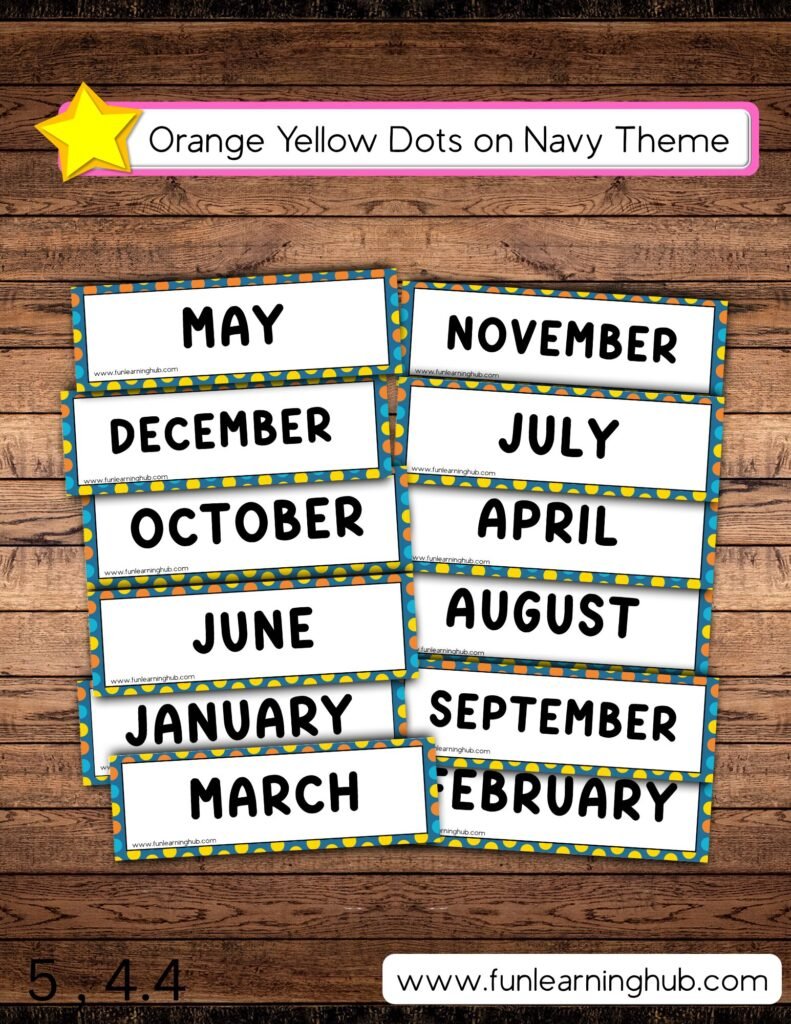 Free Printable Months of the Year Flashcards 5 Orange Yellow Dots on Navy Months of the Year