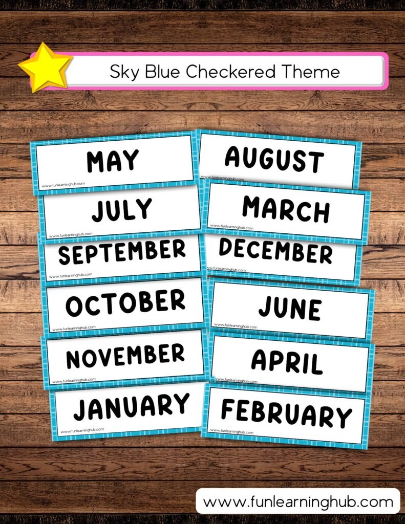 Free Printable Months of the Year Flashcards 6 Sky Blue Checkered Months of the Year