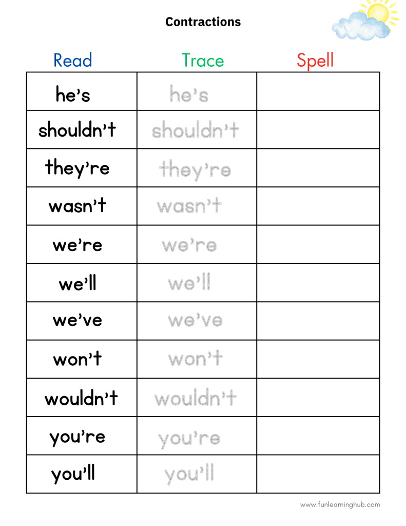 free contractions worksheets