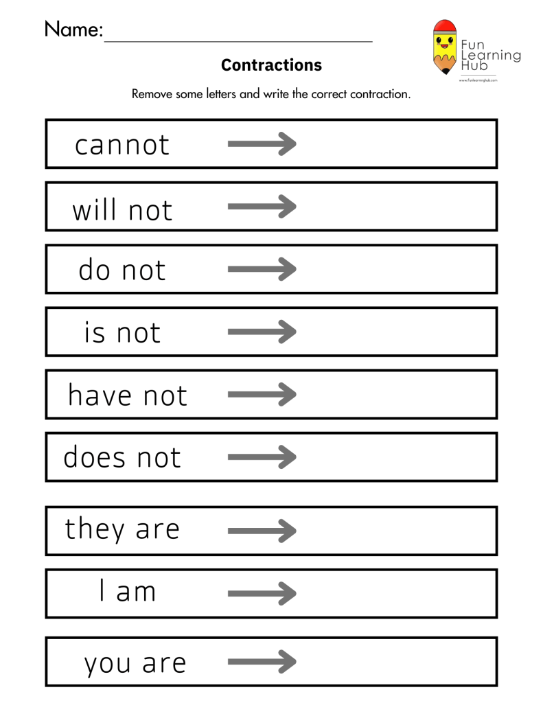 free contractions worksheets