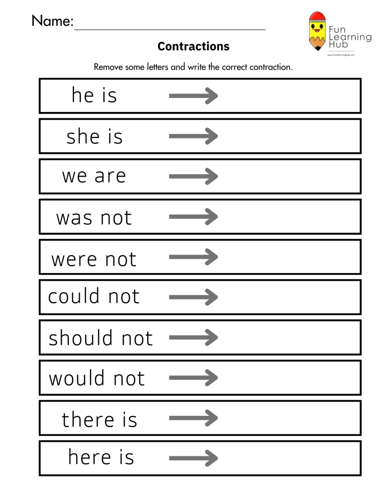 free contractions worksheets