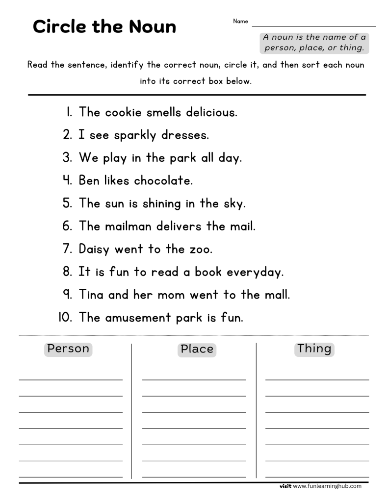 first grade noun worksheets for free