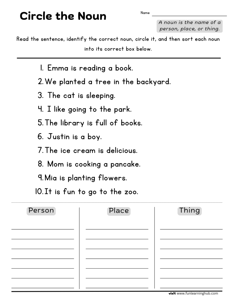 first grade noun worksheets for free