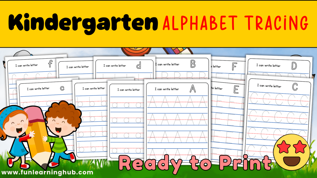 Kindergarten alphabet tracing worksheet with uppercase letters A-Z