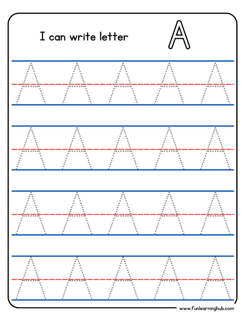 Kindergarten alphabet tracing worksheet with uppercase letter A