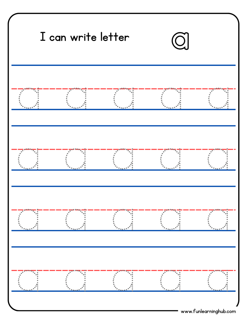 Kindergarten alphabet tracing worksheet with lowercase letter a