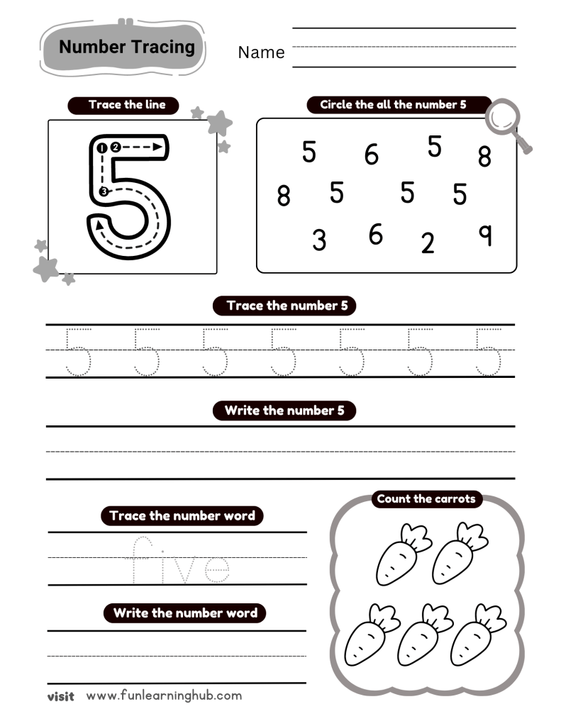 Kindergarten Number 5 Tracing Worksheets