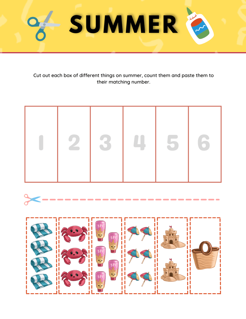 Summer Counting Cut and Paste Worksheets