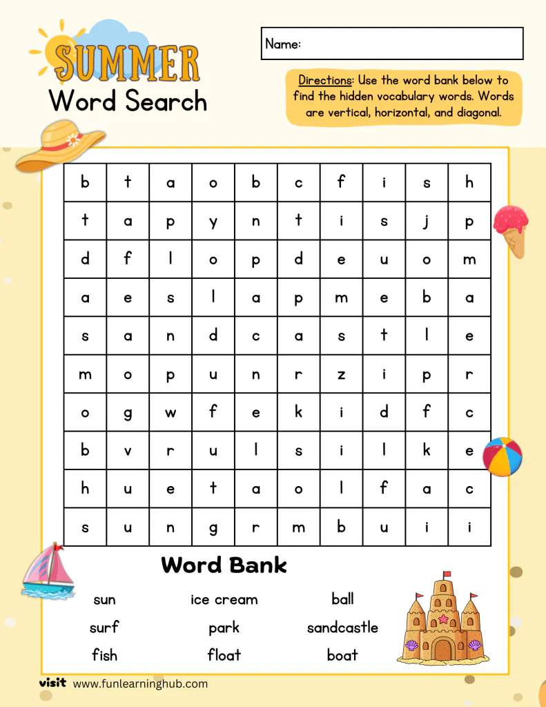 Summer Word Search 3 Fun beach-themed word search puzzle for children aged 6 and up.