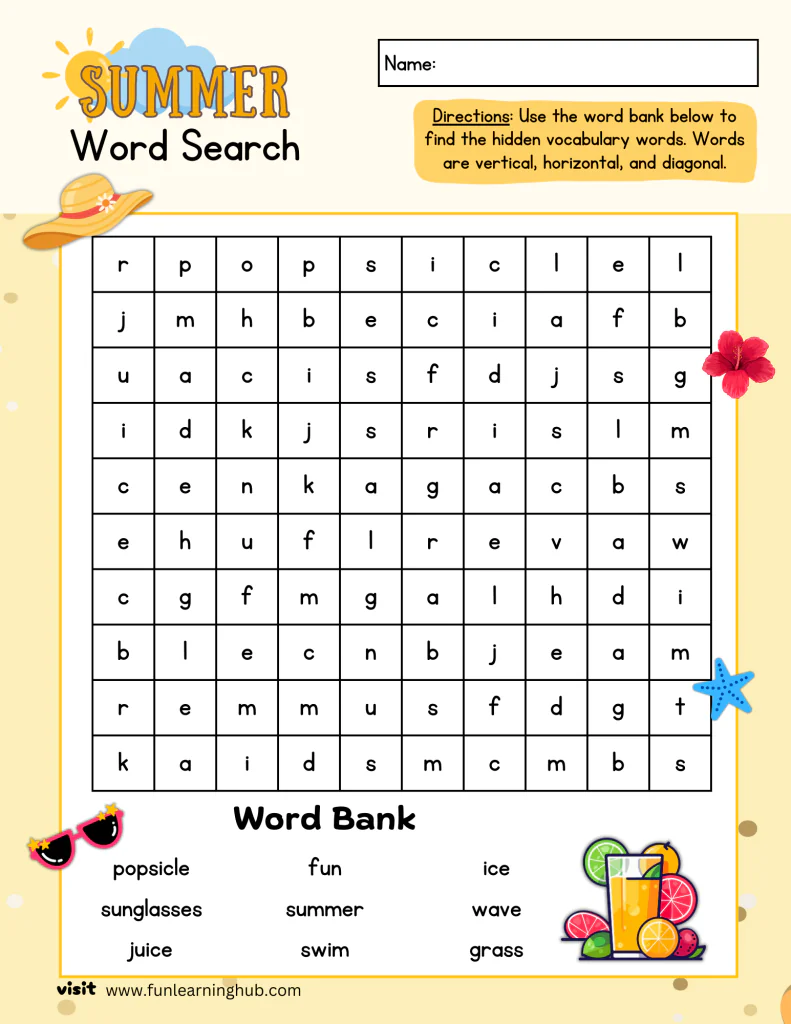 Summer Word Search 4 Summer vacation word search printable for kids to enjoy.