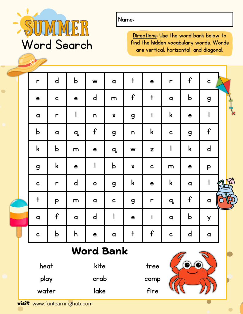 Sandcastle word search puzzle to entertain kids this summer.