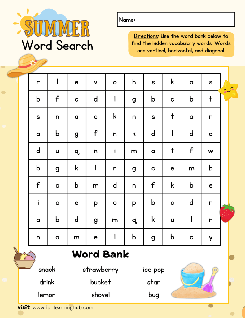 Ice cream-themed word search printable for kids.