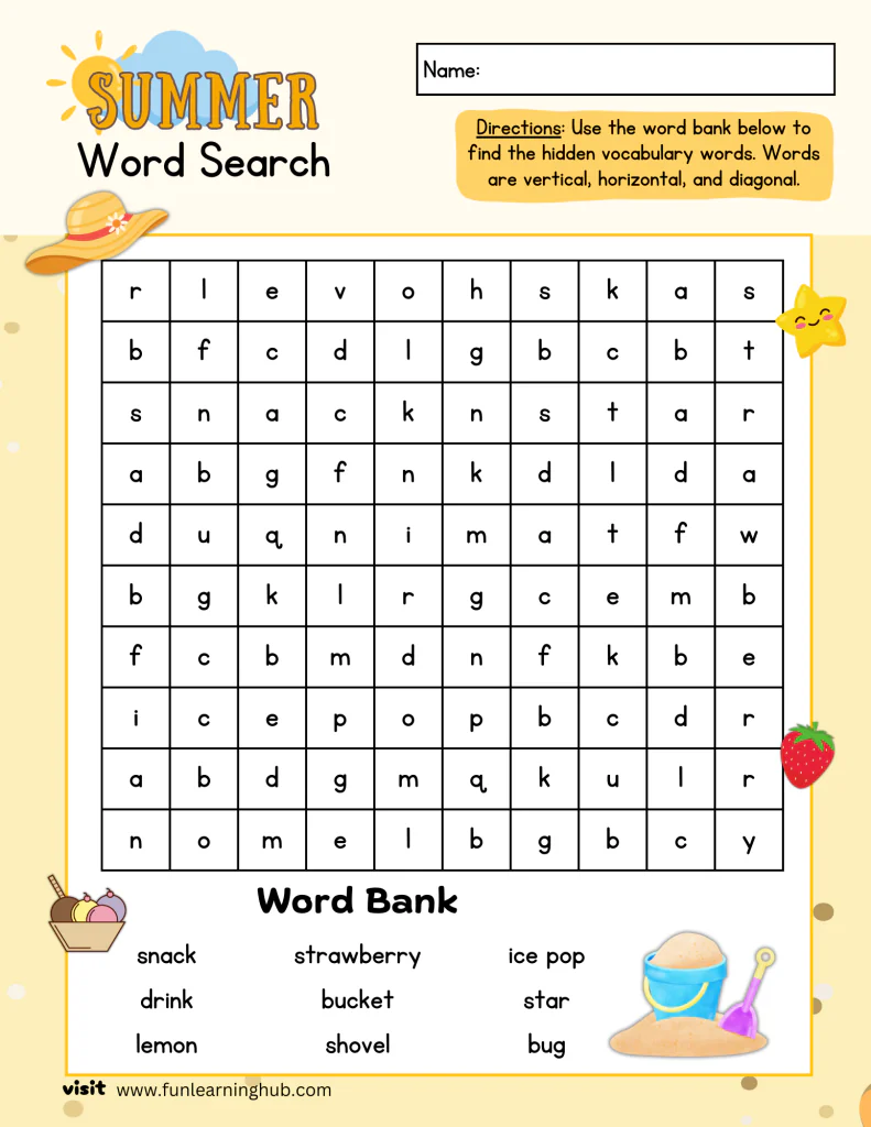 Summer Word Search 6 Ice cream-themed word search printable for kids.