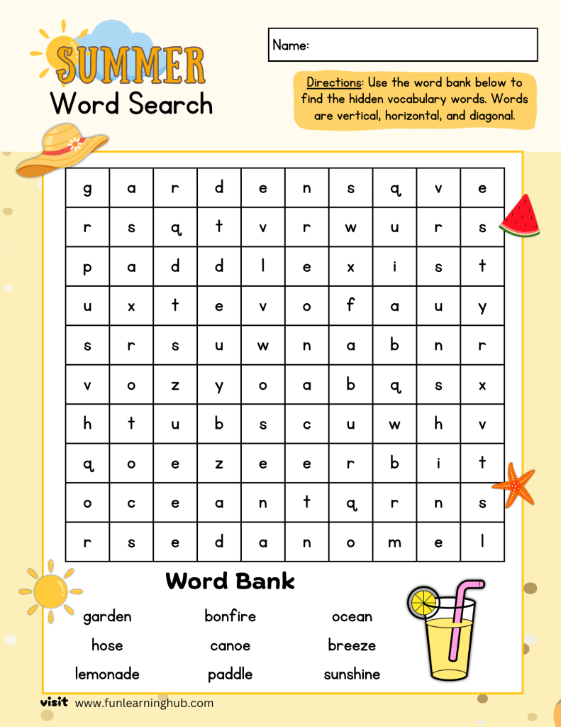 Swimming word search puzzle to cool off kids this summer.