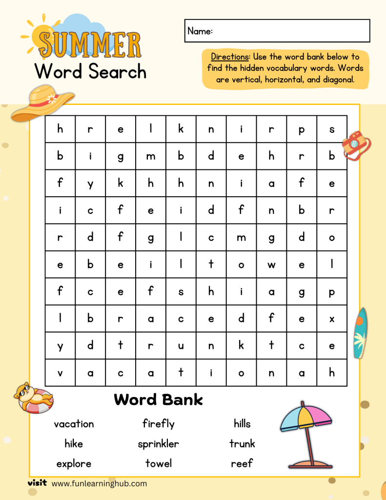 Seashell word search printable for children