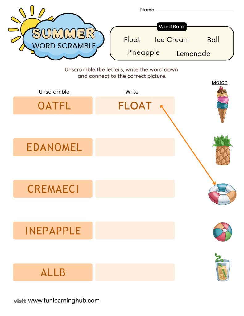 summer word scramble worksheet