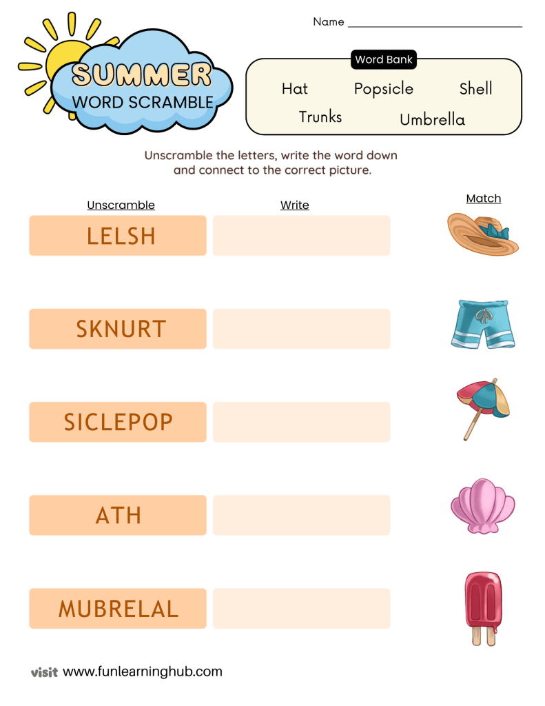 summer word scramble worksheet