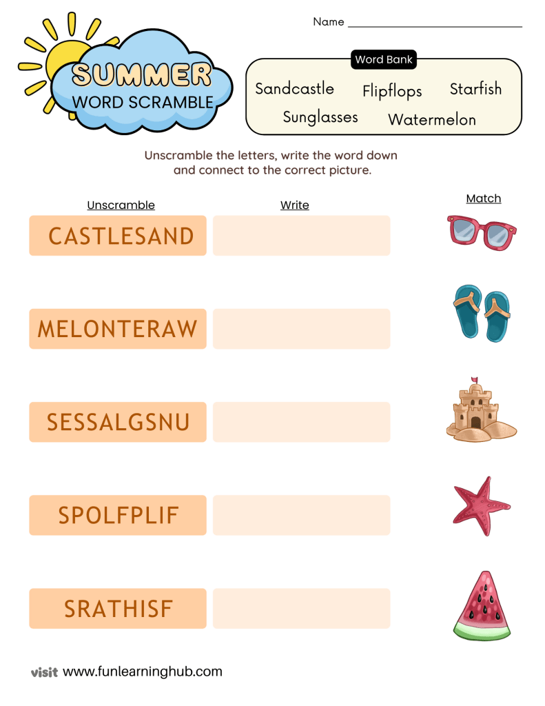 summer word scramble worksheet