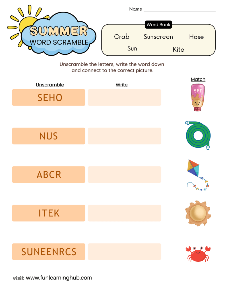 free summer word scramble worksheet