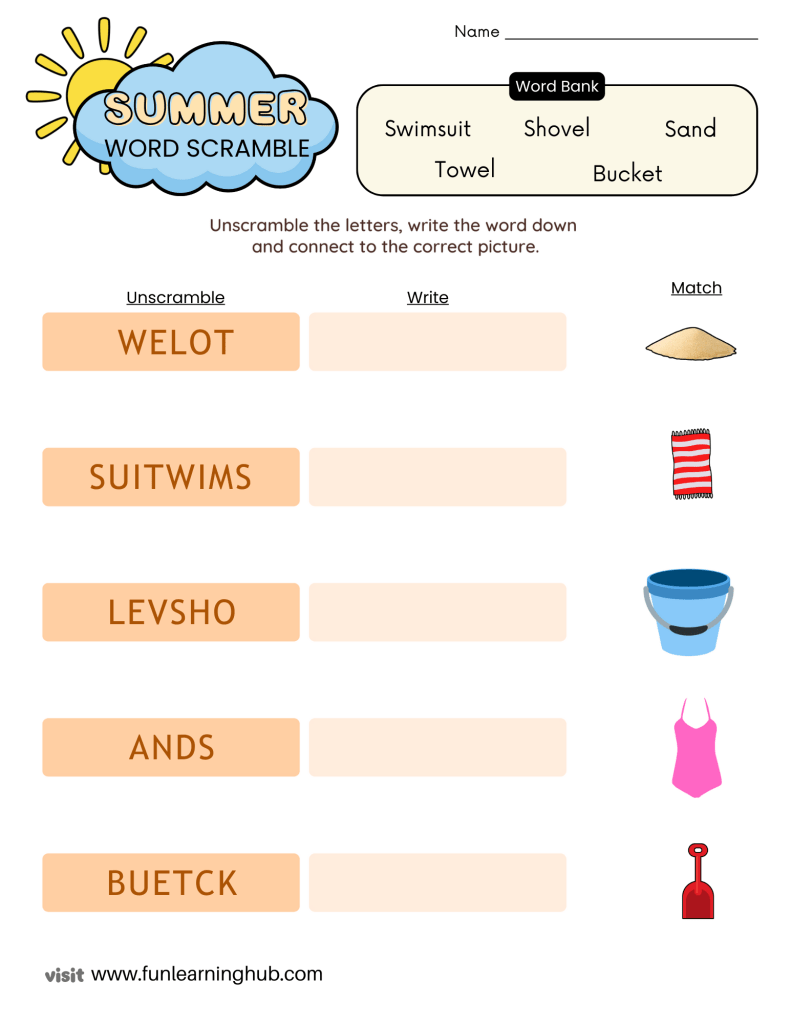 summer word scramble worksheet