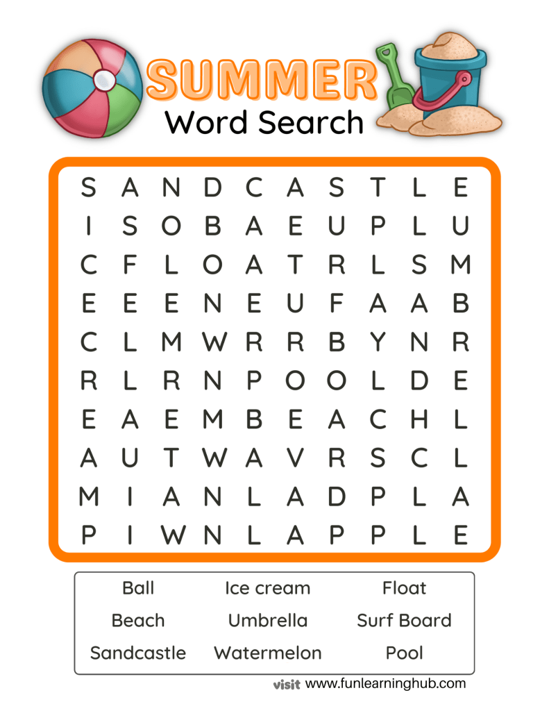 summer word search for kids