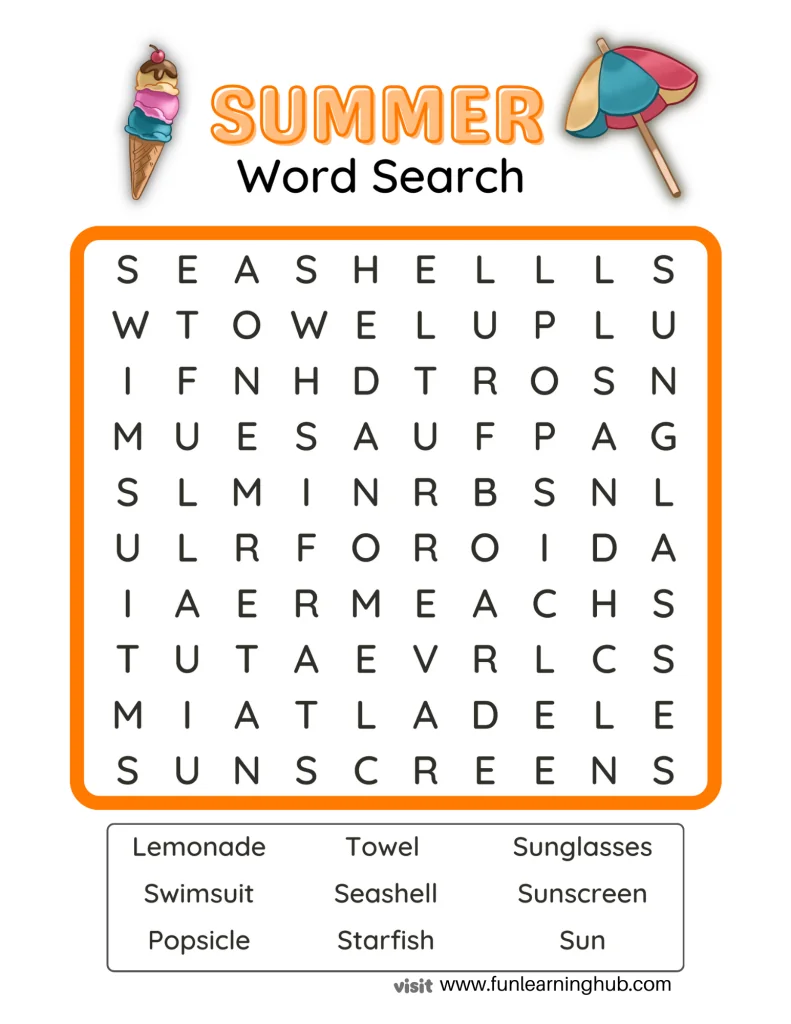 Summer Word Search 10 word search for kids