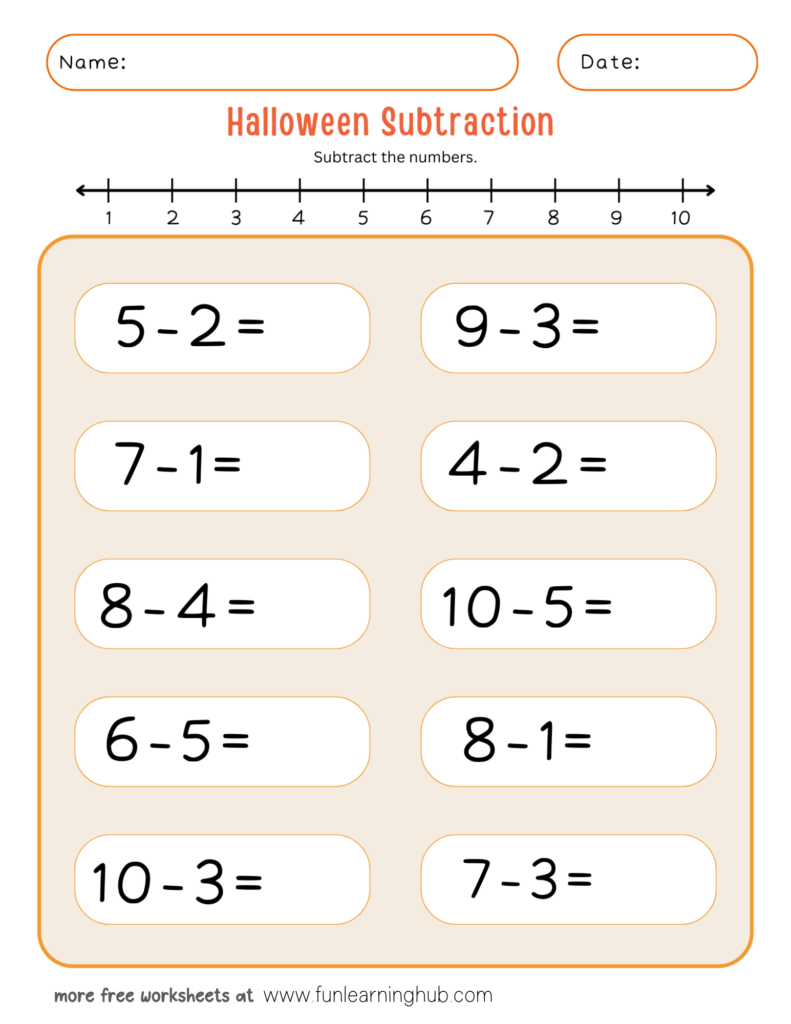 Halloween Horizontal Subtraction Worksheet