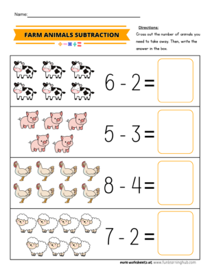 Farm Animals Cross and Subtract Worksheet