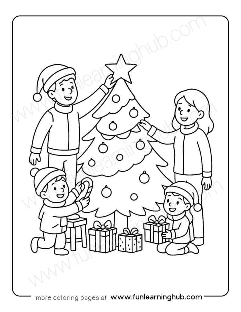 Family Decorating Tree Coloring Page