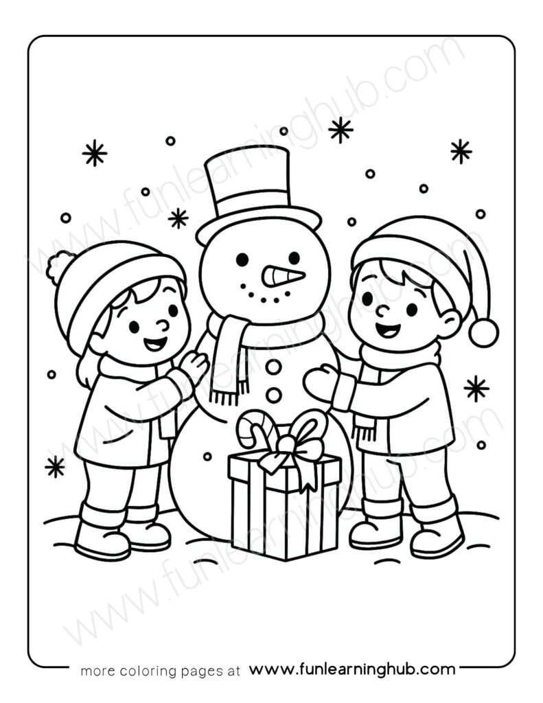 Kids Building Snowman Coloring Page