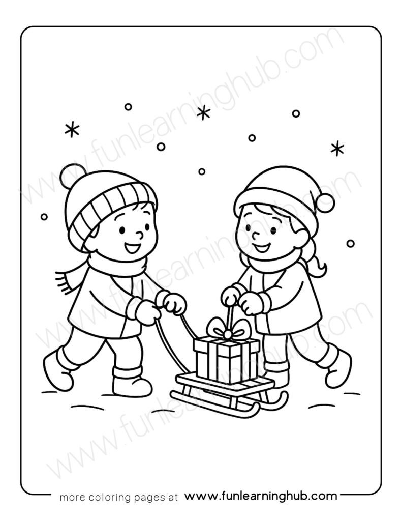 Children pulling sled with gift