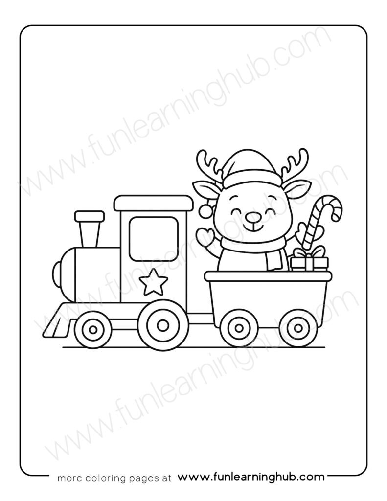 Reindeer Riding on a Train Coloring Page