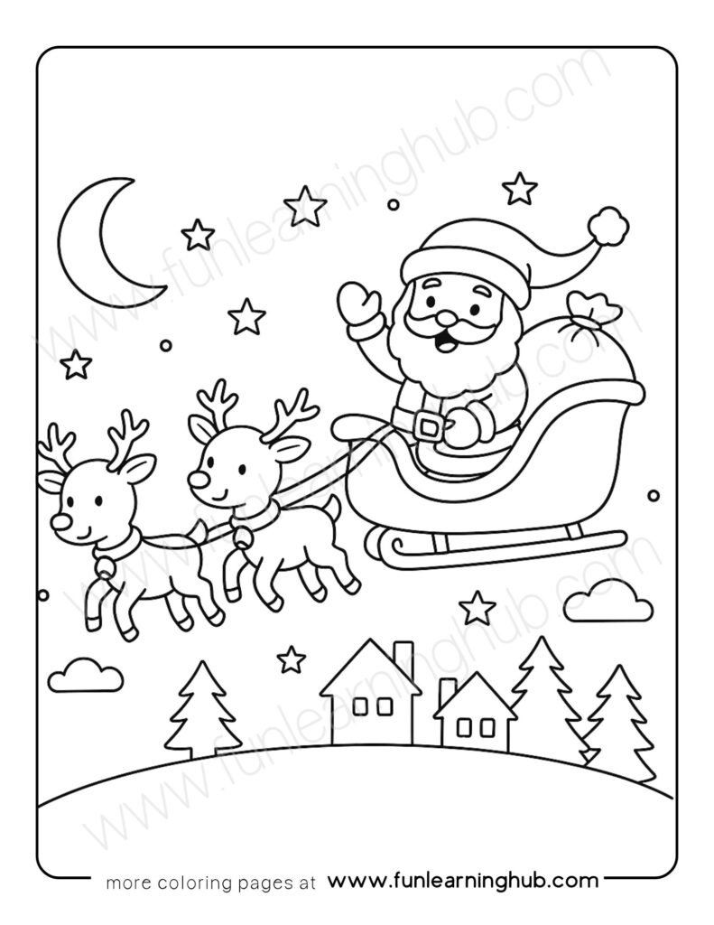 Santa with reindeer flying over houses