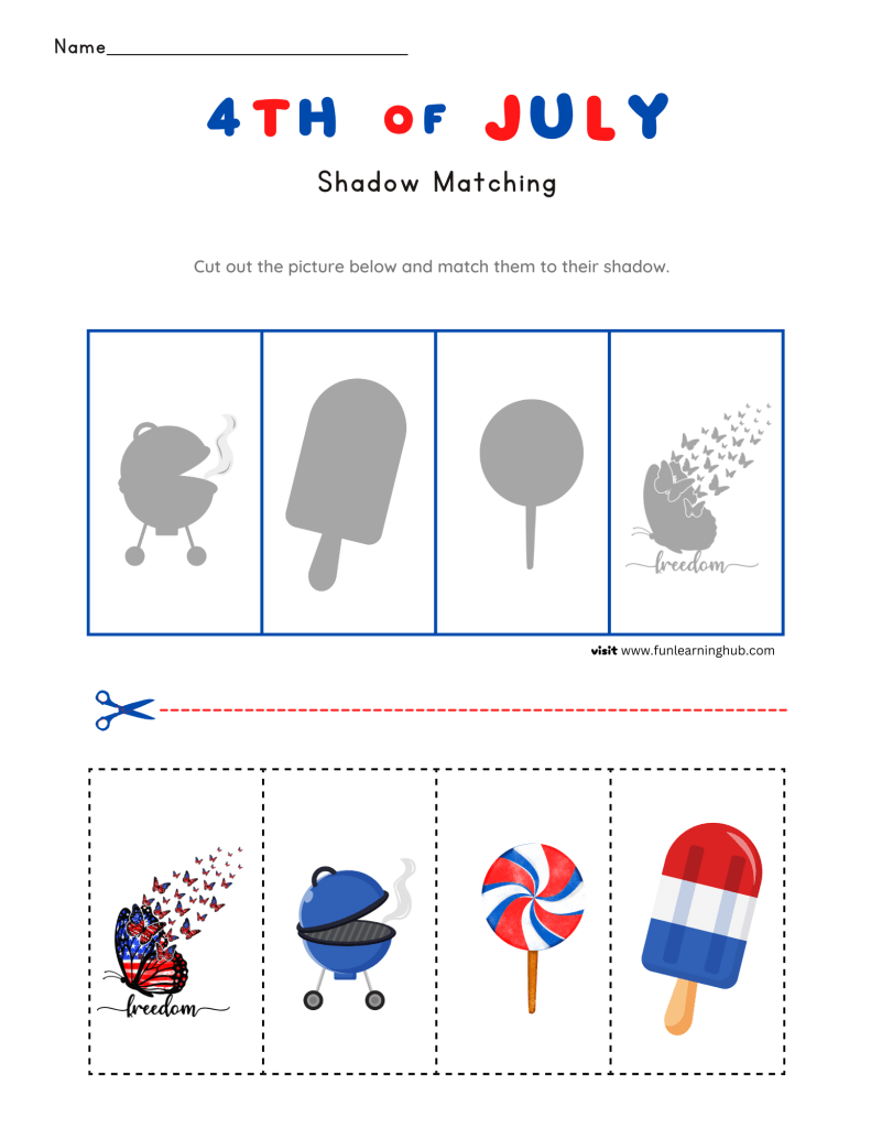 Independence Cut and Paste Worksheets 14 4th of july shadow match