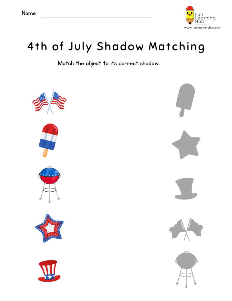 Independence Day Worksheets 6 free independence shadow match worksheets