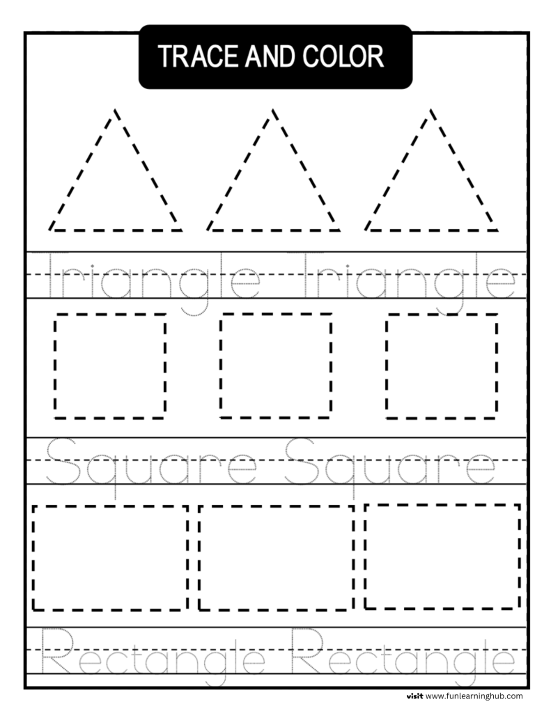 Download free worksheets for kids and printable 6 2D shapes tracing