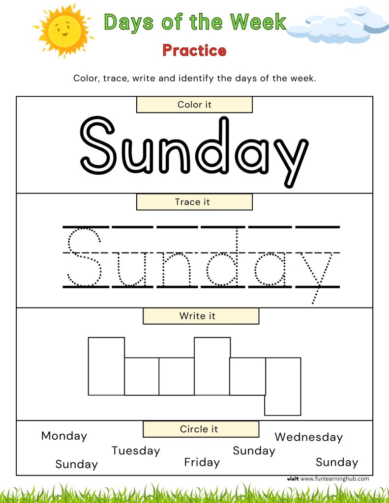 Contraction Activity Printable 9 Days of the Week tracing