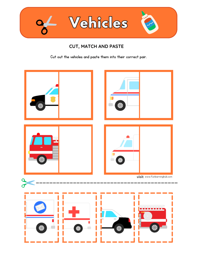 Vehicles Cut and Paste Worksheets 12 Vehicles Cut and Paste Worksheets