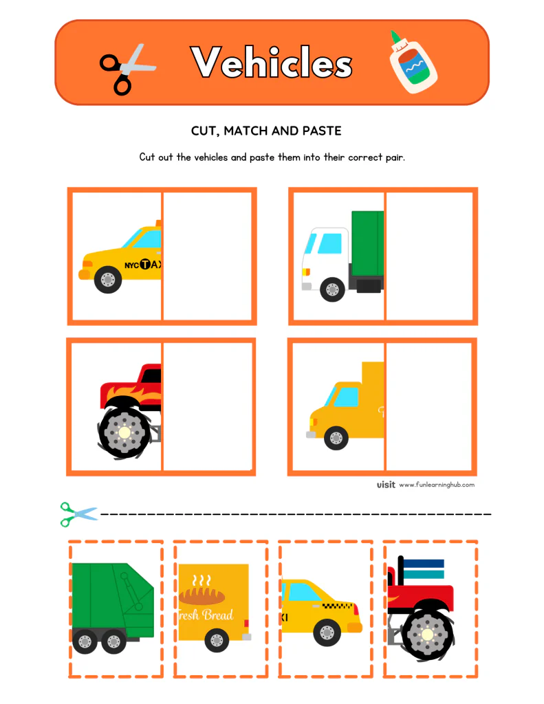 Vehicles Cut and Paste Worksheets