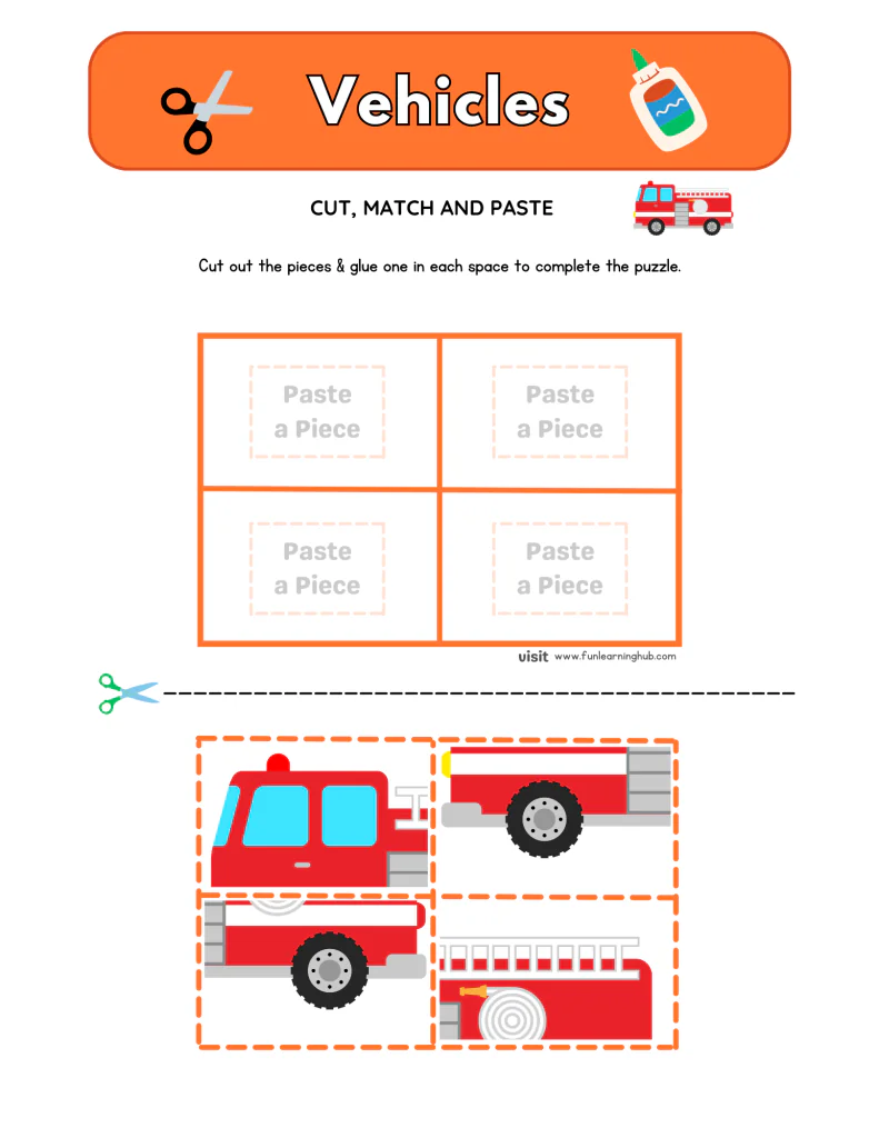 Vehicles Cut and Paste Worksheets
