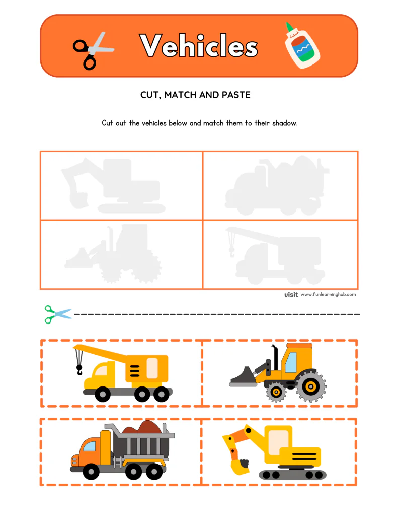 Vehicles Cut and Paste Worksheets