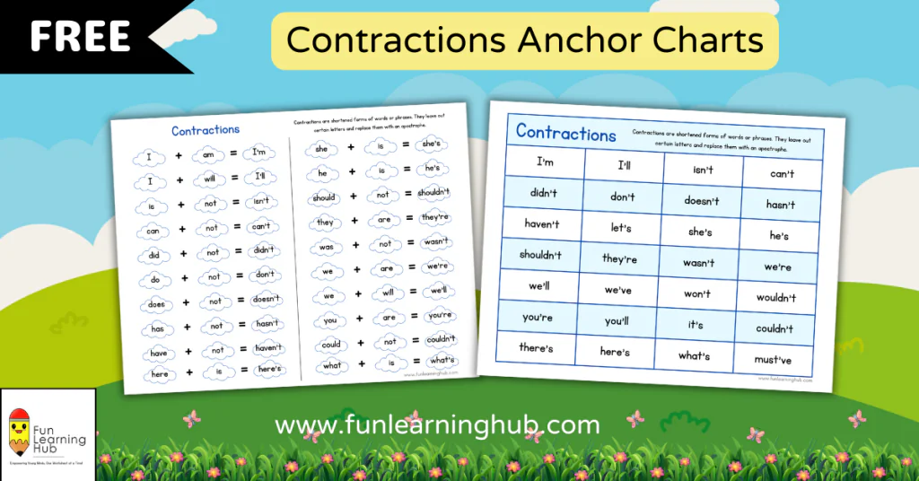 Download free worksheets for kids 103 contraction anchor chart
