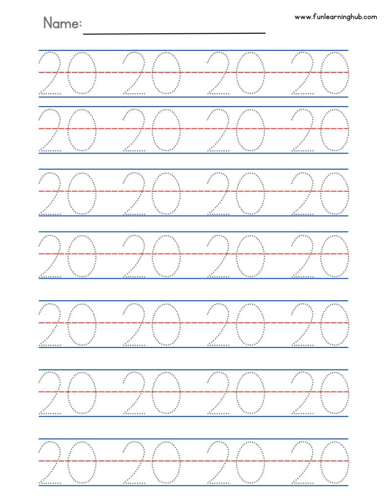 Number Tracing: 0 to 20 (Individual pages) 61 number sheets practice