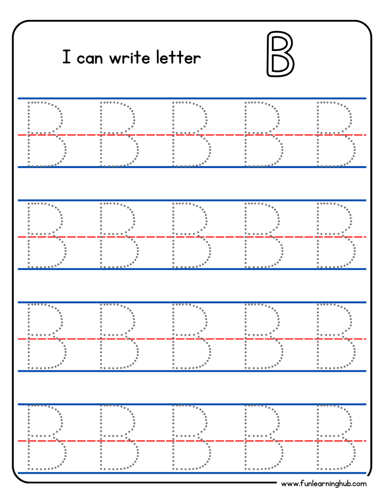 Kindergarten alphabet tracing worksheet with uppercase letter B