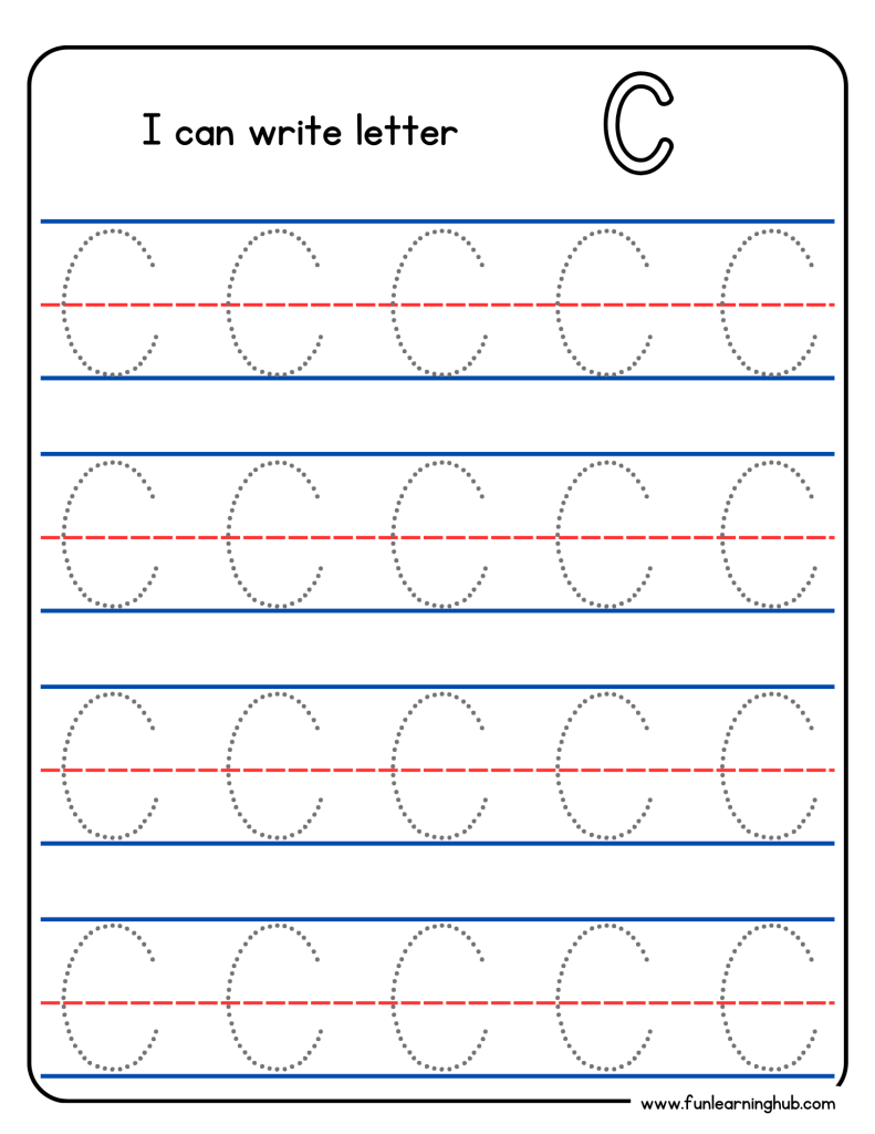 Kindergarten alphabet tracing worksheet with uppercase letter C
